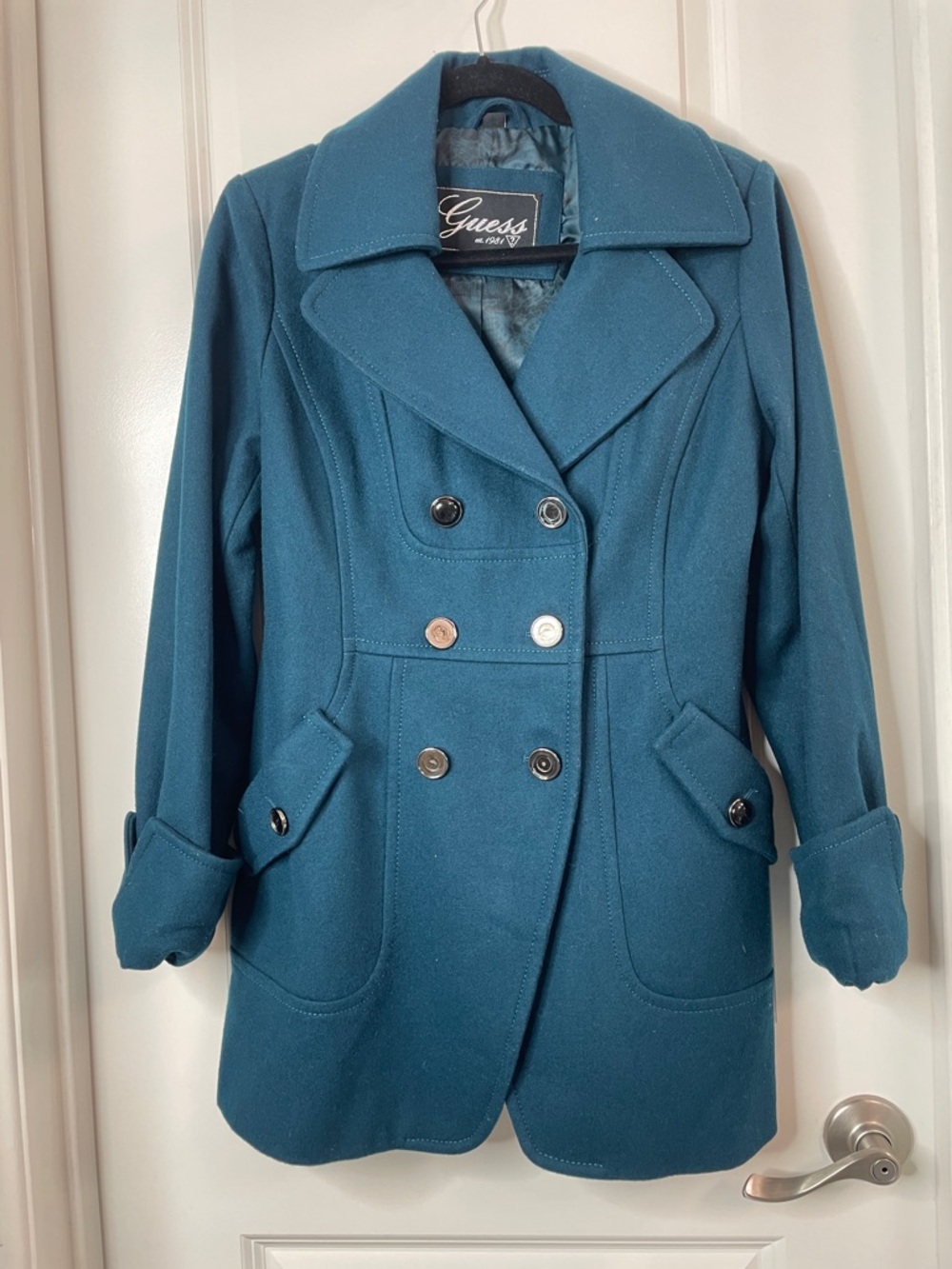 Guess Teal Double-Breasted Wool-Blend Peacoat